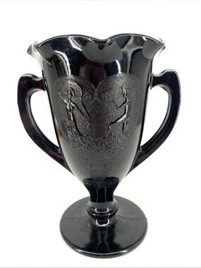 L.E. Smith Black Glass Trophy Vase 1933 Dancing Nymphs Double Handle Ruffled 8"
